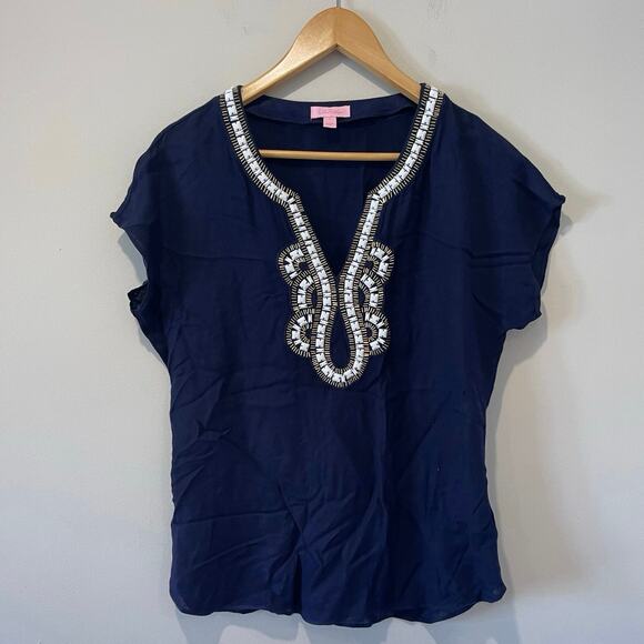 Lilly Pulitzer Women’s Valencia Beaded Cap Sleeve Too Top Navy Embellished Small - Picture 2 of 6